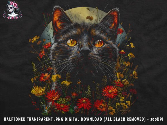 Floral Cat Design: Vibrant Apparel Printing for Dark Fabrics